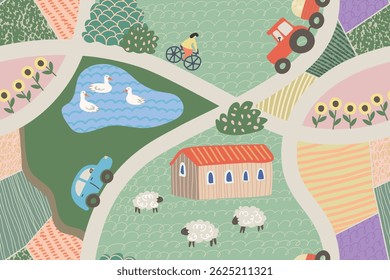 Seamless pattern of colorful countryside map with farm fields animals and vehicles