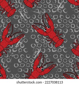 seamless pattern with colorful crayfish on shabby gray and geometric elements