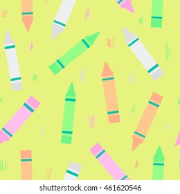 Seamless pattern with colorful Crayons. Art supplies fun texture. Crayons drawing background.