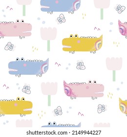 Seamless pattern with colorful crocodiles. Summer cute print. Vector hand drawn illustration.