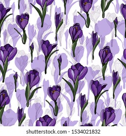 Seamless pattern with colorful crocus flower. Springtime violet flower. Wrapping paper, fabric, cover
