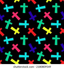 Seamless pattern with colorful crosses on a black background. Vector illustration