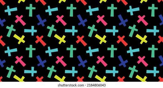Seamless pattern with colorful crosses on a black background. Vector illustration