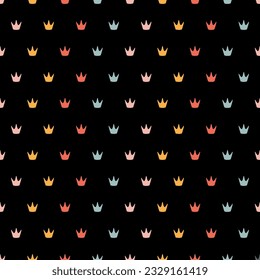 Seamless pattern with colorful crowns and black background