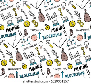Seamless pattern with colorful cryptocurrency, bitcoin, mining, blockchain icons and lettering. Vector business illustration for your design.