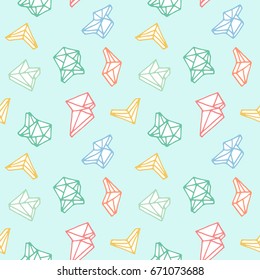 A seamless pattern with colorful crystals. Different objects on a mint background
