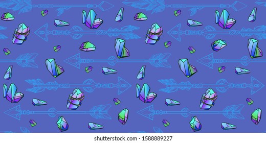 Seamless pattern with colorful crystals gems and arrows. Vector illustration.