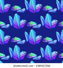 Seamless pattern with colorful crystals gems. Beautiful Hand drawn crystals on a dark blue background. Abstract Rainbow  multicolored gem stones. Magic fairytale theme. Vector illustration.