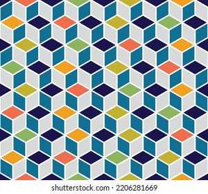 Motif harmonieux de cubes colorés. orange, bleu, arrière-plan cube multicolore. Motif cubain abstrait. Décoration de cube. Arrière-plan cubain vintage. Texture motif géométrique. Illustration vectorielle.