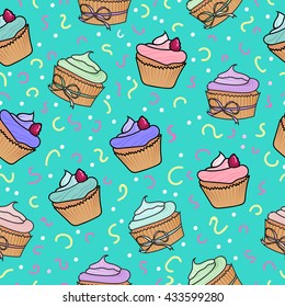 Seamless pattern with colorful cupcake and confetti. For cards, invitations, wedding or baby shower albums, backgrounds, arts and scrapbooks. Vector illustration.