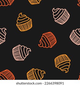 Seamless pattern with colorful cupcakes and black background