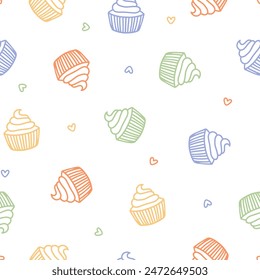 Seamless pattern with colorful cupcakes and hearts