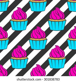 Seamless pattern with colorful cupcakes on a striped background in pop art style