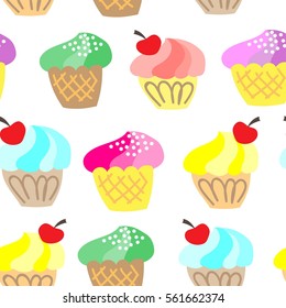 seamless pattern of colorful cupcakes on white background