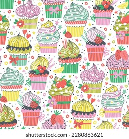 Nahtloses Muster mit bunten Cupcakes für die Textilgestaltung. Essen, dekorativer Hintergrund in hellen Farben. Handgezeichnete, trendige Vektorgrafik mit Beeren, Süßigkeiten und Blumen.