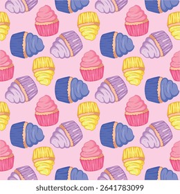 Seamless pattern with colorful cupcakes. Vector illustration on pink background.
