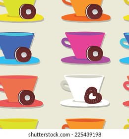 Seamless pattern with colorful cups and biscuit.