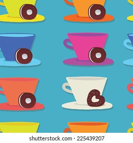 Seamless pattern with colorful cups and biscuit.