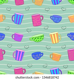 Seamless pattern with colorful cups. Cartoon illustration on the green background with hearts.