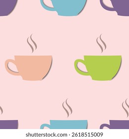 A seamless pattern with colorful cups.  Coffee or tea cups colored background.