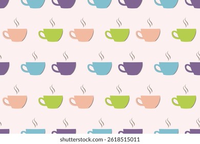 A seamless pattern with colorful cups.  Coffee or tea cups colored background.