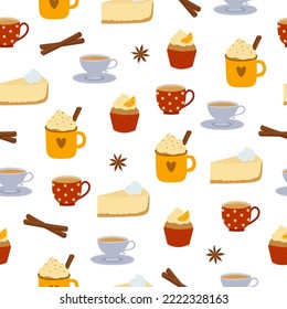 Seamless pattern of colorful cups and desserts on white background. Kitchen utensil background. Vector illustration