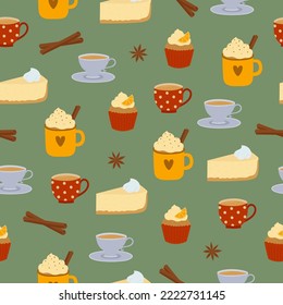 Nahtlose Muster von bunten Tassen und Desserts auf grünem Hintergrund. Küchenutensilien, Hintergrund. Vektorgrafik
