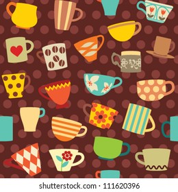 Seamless pattern with colorful cups on dotted background