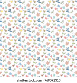 Seamless pattern with colorful cups and teapot