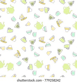 Seamless pattern with colorful cups and teapot