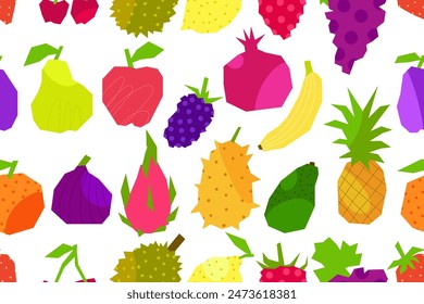 Seamless pattern with colorful cut fruits on white background. Naive fruits in an abstract style. Grapes, banana, pineapple, pear, strawberry, plum, durian, blackberry and others. Flat vector.