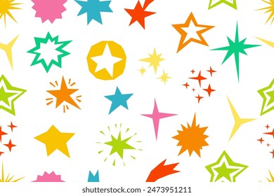 Patrón sin fisuras con estrellas cortadas de colores sobre fondo blanco. Estrellas con rayos, poligonales, grupos de estrellas, Elementos de varias Formas irregulares. Ilustración vectorial.