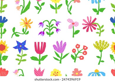 Seamless pattern with colorful cut out flowers on a white background. Cut out colorful flowers from colored paper. Tulip, chamomile, sunflower, carnation, periwinkle, bell and others. Vector.