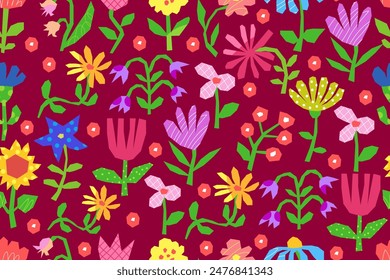 Seamless pattern with colorful cut out flowers on dark background.  Floral abstract pattern. Twigs with flowers and leaves of various plants.Summer mood.  Vector illustration.