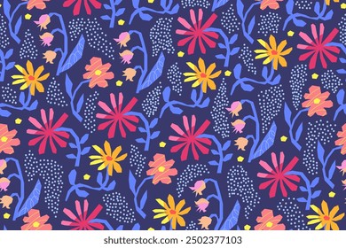 Seamless pattern with colorful cut out flowers on blue background.  Floral cute abstract pattern. Twigs, chamomile flowers and bells. Summer mood. Vector illustration.