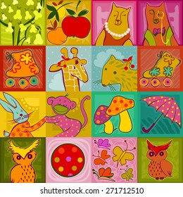 seamless pattern - colorful cute animals, toys and plants on a checked background