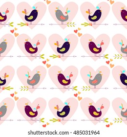 Seamless pattern with colorful cute birds and arrows. Romantic background in cartoon