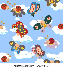 Seamless pattern with colorful cute butterflies on blue sky with clouds.Fun hand drawn children texture, background for kids.