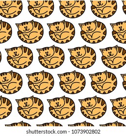 Seamless pattern with colorful cute cats. Red cat with brown strips.
