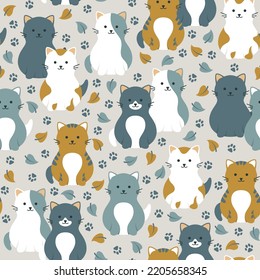 Seamless pattern with colorful cute cats and autumn leaves. Vector illustration.