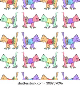 Seamless pattern with colorful cute cats,wearing a dress and shoes on white background. Kissing cats
 