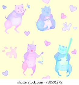 Seamless pattern with colorful  cute character. Set of illustrations with  funny doodle. Texture with sweet pink animals with hearts.