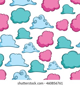 Seamless pattern of colorful cute clouds on white background