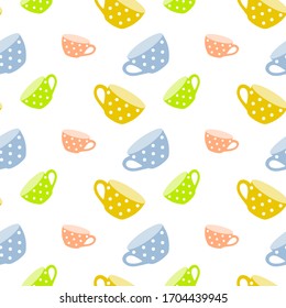 Seamless pattern with colorful cute cups. Template for design fabric, backgrounds, wrapping paper, package.
