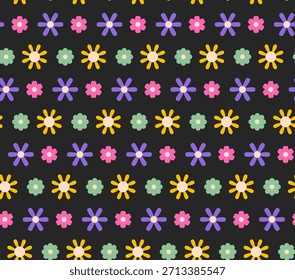 Patrón inconsútil de filas lindas coloridas de la flor de la margarita en el fondo negro para el diseño textil o del Fondo de pantalla