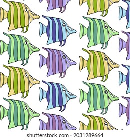 Seamless pattern with colorful cute fish isolated on white background. Repeat elements underwater world. Vector illustration