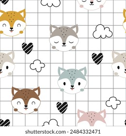 seamless pattern colorful cute fox background and square grid hand drawn design in cartoon style. Use for prints, textiles, fabrics, wallpapers,wrapping, kids apparel design. Vector illustrations