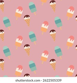 Seamless pattern with colorful cute ice cream on pink background,colorful ice cream