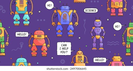 Seamless pattern with colorful cute kids robots and androids. Robot toys cartoon characters with friendly faces. Wallpaper, wrap, textile design template. Vector illustration