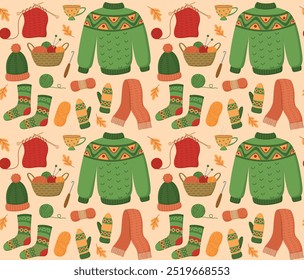 Patrón sin fisuras con ropa de punto lindo colorido, herramientas de tejer e hilo. Fondo dibujado a mano 